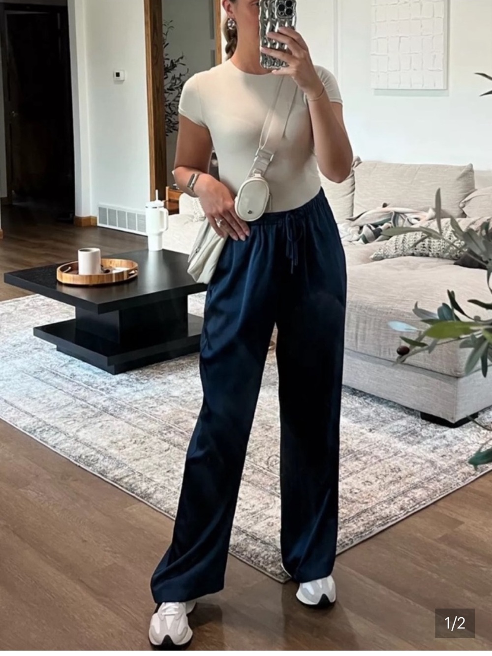 Abercrombie & Fitch Satin Wide-Leg Pants in Navy